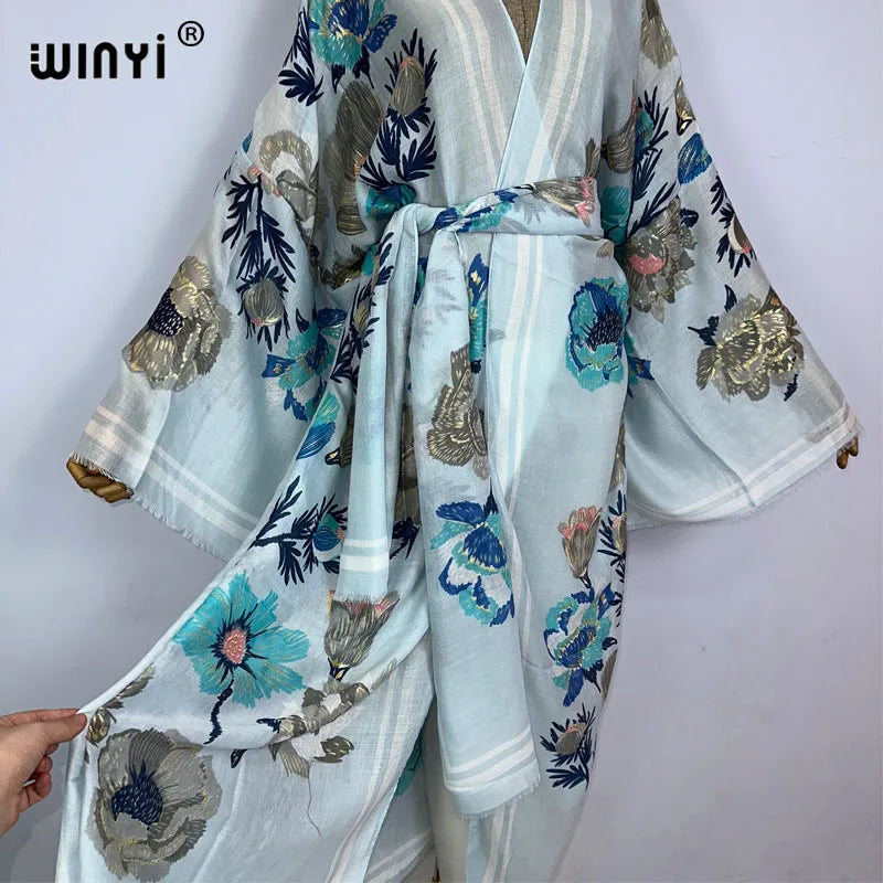 WINYI Bohemian bronzing print Bikini Cover-ups Elegant Self Belted Kimono Dress Women Summer holiday Dress Beach Wear Cover up