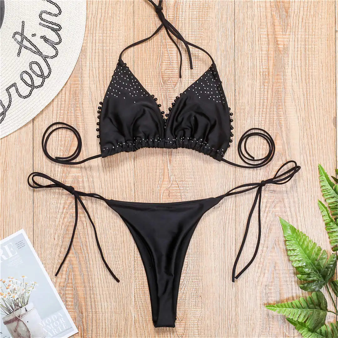 Sexy Halter Mini Bikini Female Swimsuit Women Swimwear Two-pieces Bikini set Luxury Pearl Bather Bathing Suit Swim Lady V2090