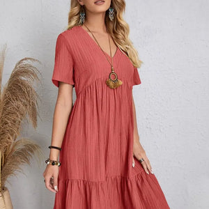 Vintage Solid Elegant Women Dress 2023 Summer Fashion Casual V-Neck High Waist A-Line Mini Dresses Lady Short Sleeve Party Dress