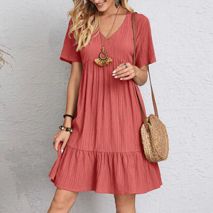 Vintage Solid Elegant Women Dress 2023 Summer Fashion Casual V-Neck High Waist A-Line Mini Dresses Lady Short Sleeve Party Dress