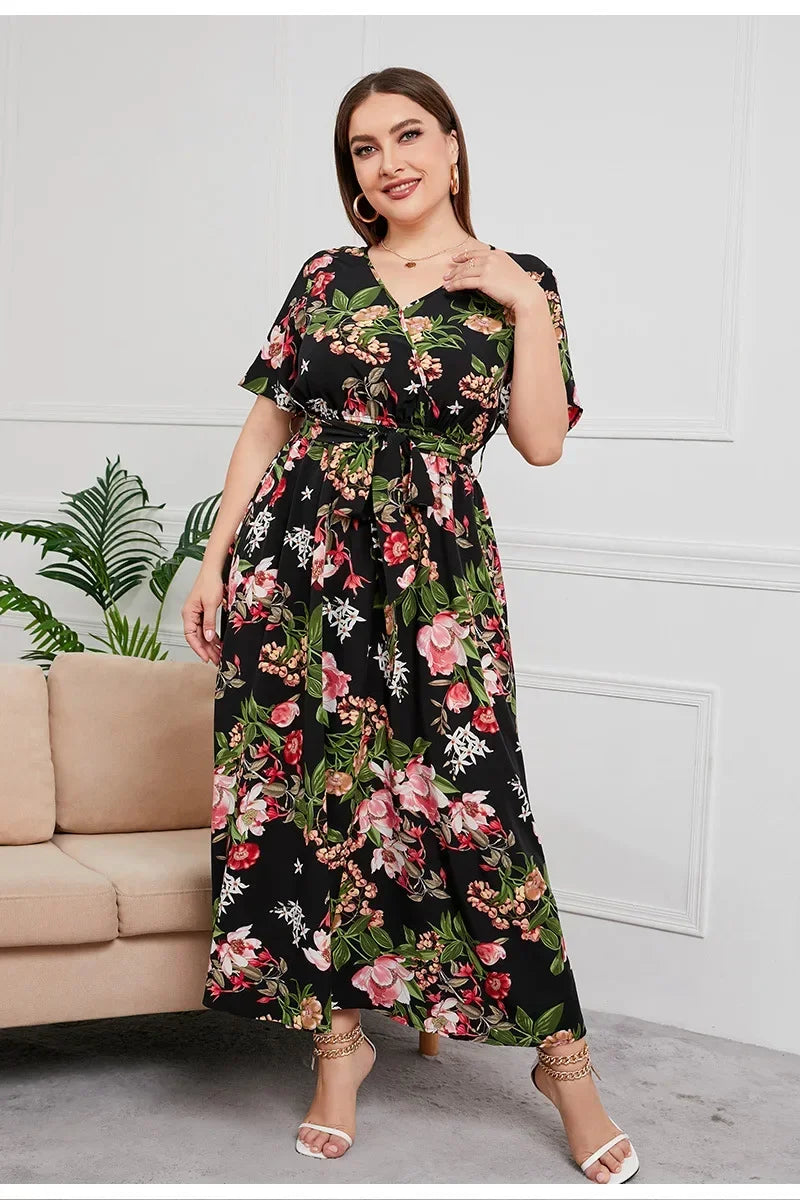 plus size New best-selling oversized loose V-neck dress for women with elastic waist  short sleeved printed long skirt