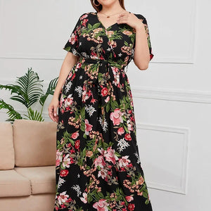 plus size New best-selling oversized loose V-neck dress for women with elastic waist  short sleeved printed long skirt