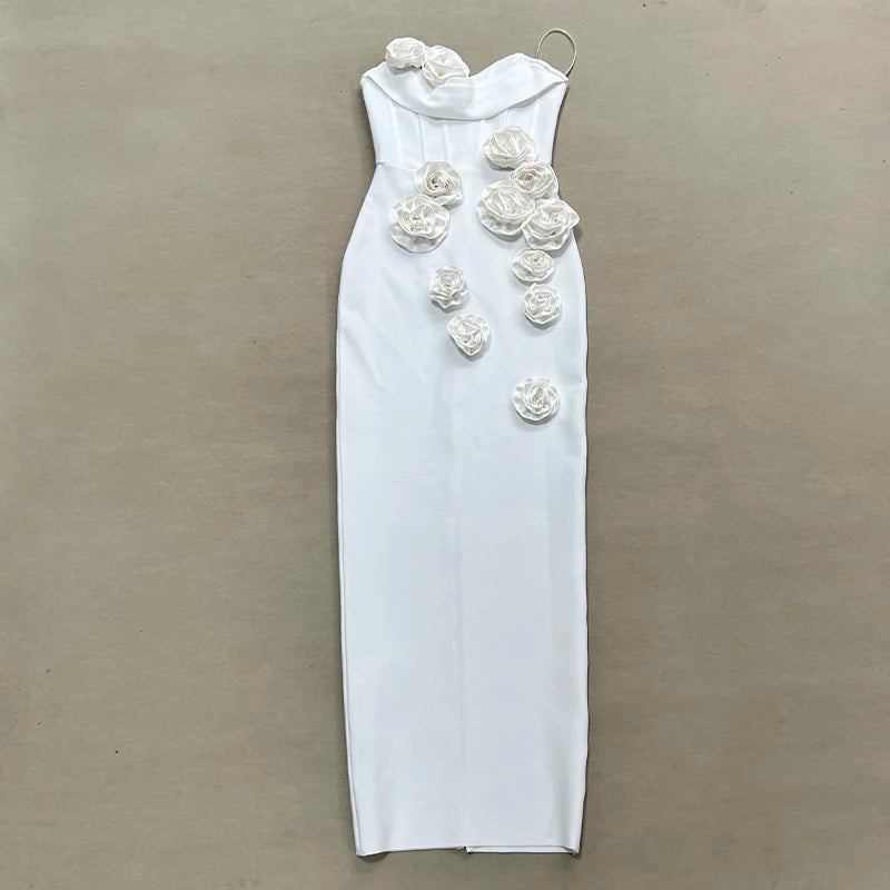 Factory Wholesale Women's White Flowers Strapless Tight Fashion Sexy Celebrity Cocktail Party Bandage Long Dress