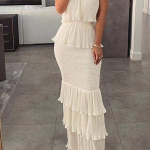 Women Fashion Bandeau Shirred Ruffle Hem Layered Dress