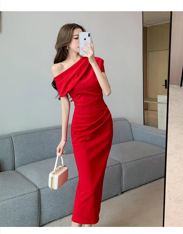 Elegant Off Shoulder Evening Party Dresses Women Summer Fashion Slim One Piece Solid Vestidos Korean Graduation Robe Clothing