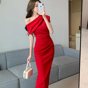 Elegant Off Shoulder Evening Party Dresses Women Summer Fashion Slim One Piece Solid Vestidos Korean Graduation Robe Clothing