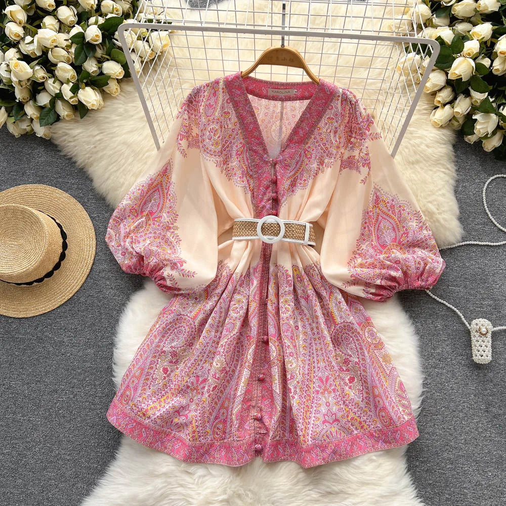 AELEWELL Women Dresses Spring 2024 Runway Fashion Paisley Print Vintage Dress V Neck Long Lantern Sleeve Belted Mini Dress