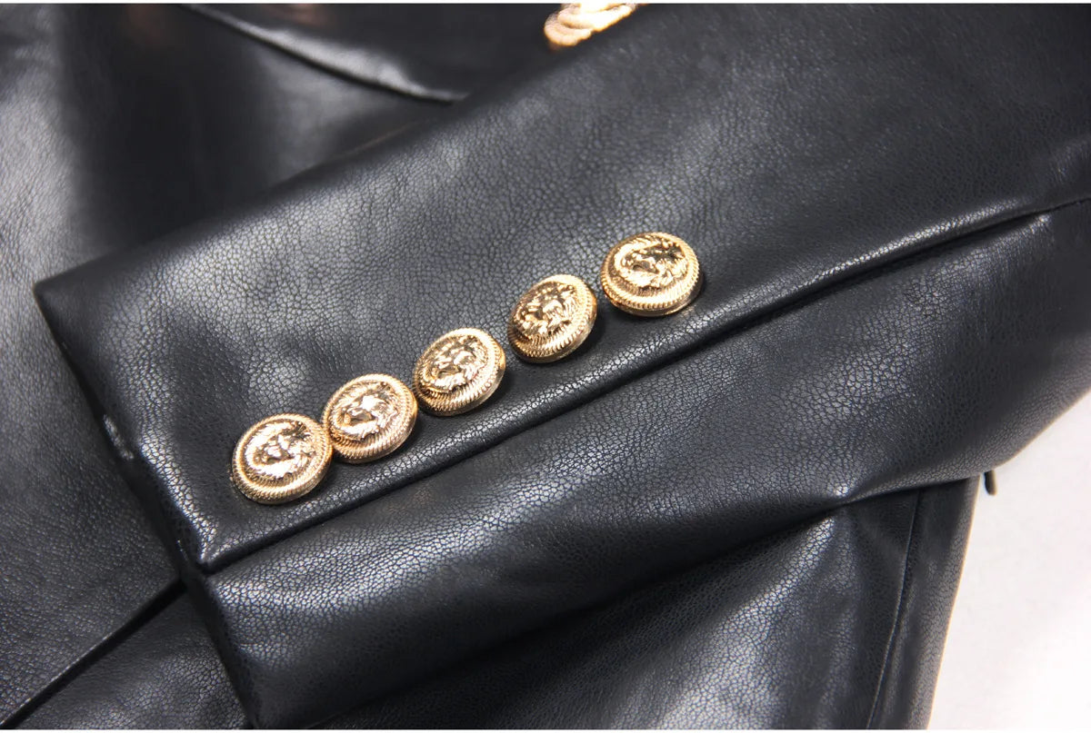 HIGH STREET Newest Fashion 2024 Designer Women's Lion Metal Buttons Faux Leather Blazer Dress