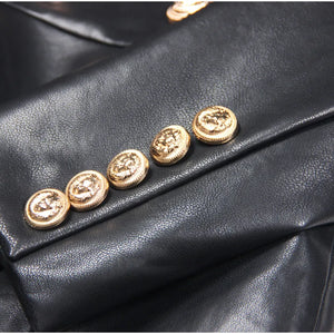 HIGH STREET Newest Fashion 2024 Designer Women's Lion Metal Buttons Faux Leather Blazer Dress