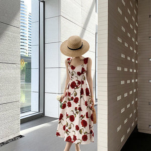 Women's Summer Elegant Floral Print Rose Strap Midi Dress Sleeveless Casual Beach Party Sundress Female Fashion A-Line Vestidos