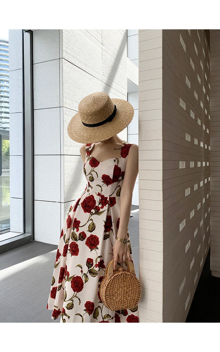 Women's Summer Elegant Floral Print Rose Strap Midi Dress Sleeveless Casual Beach Party Sundress Female Fashion A-Line Vestidos