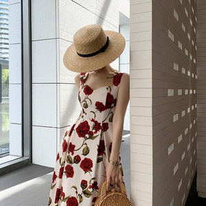 Women's Summer Elegant Floral Print Rose Strap Midi Dress Sleeveless Casual Beach Party Sundress Female Fashion A-Line Vestidos