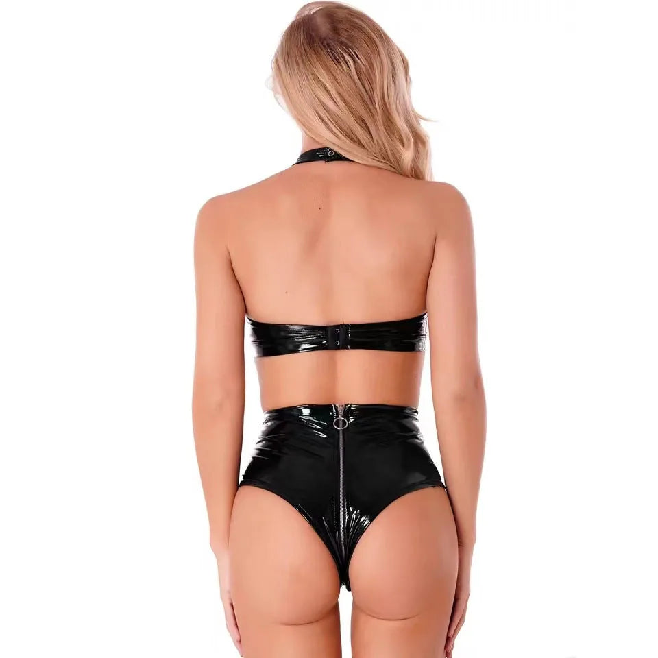 PVC Leather Women Push Up Bandage Tank Lingerie With Zipper Crotch Briefs Sets Erotic Lingerie Set Female S-4XL Underwear