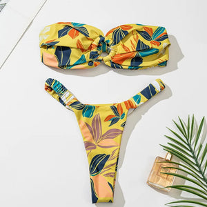 Para Praia Sexy Thong Bikini Floral Strapless Bandeau Swimwear Women Brazilian Swimsuit 2024 Thong Biquini Bandage Bathing Suit