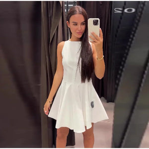 Elegant Pleated Mini Dress Women Slim O-neck Sleeveless High Waist Female Dresses 2024 Summer Fashion Lady High Street Vestidos