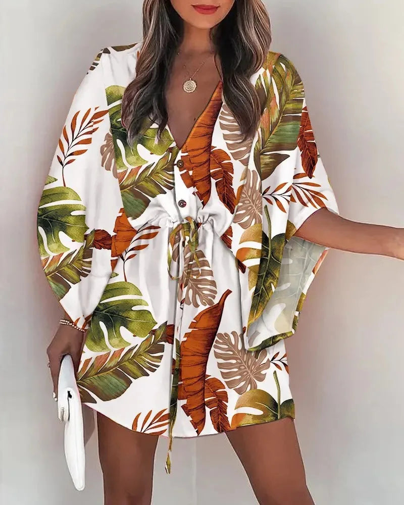 Summer Casual Dress Women Fashion Flying Sleeve V-neck Print Beach Party Dresses Elegant Lace Up Mini Dress Robe Femme 2023 New