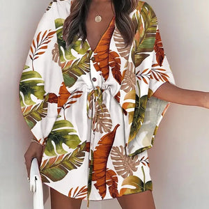 Summer Casual Dress Women Fashion Flying Sleeve V-neck Print Beach Party Dresses Elegant Lace Up Mini Dress Robe Femme 2023 New