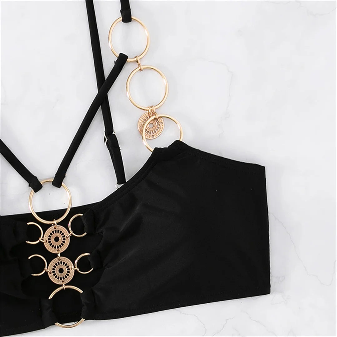 New Sexy Metal Rings Mid Waist Bikini Female Swimsuit Women Swimwear Two-pieces Bikini set Padded Bather Bathing Suit Swim V4474