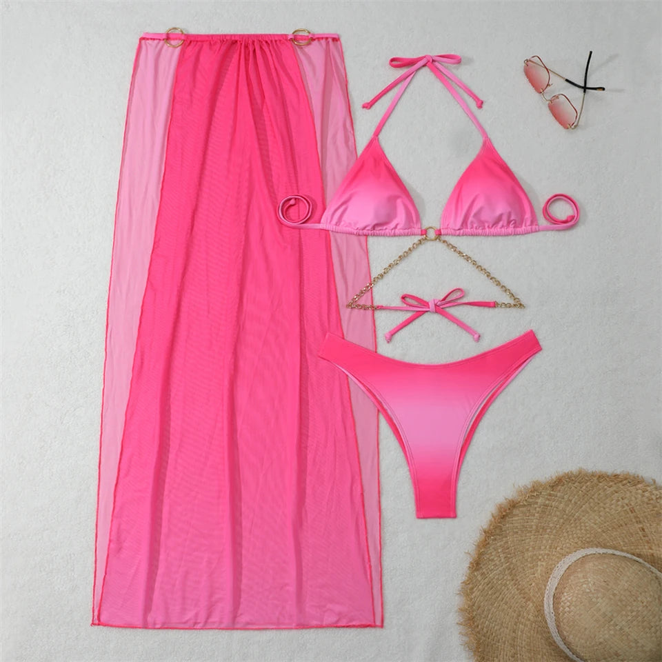 3 Piece Backless Bikinis & Long Beach Skirt Swimwear 2024 New Women Ring Link Swimsuit Lady Bathing Swimming Summer Beachwear