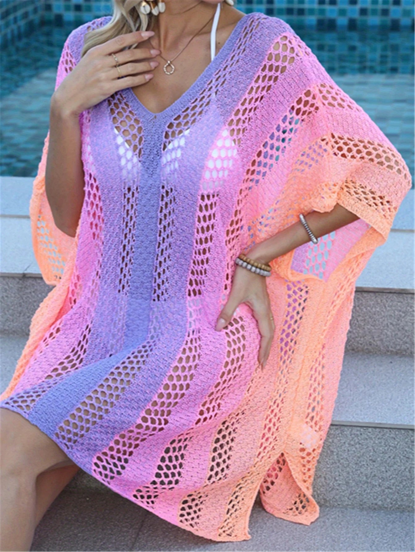 Fashion Hole Beach Cover Ups for Bikini Women Summer Outfit Sundress Sexy Hollow Out Pink Swim Wear Fishnet Split Tunic Pool New