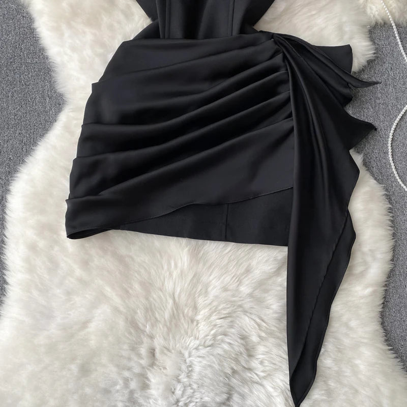 Sexy Asymmetric Strapless Ruffle Mini Dress Korean Fashion Slim Dress Elegant Birthday Party Club Vestido Women Dress Black / M Sexy Asymmetric Strapless Ruffle Mini Dress Korean Fashion Slim Dress Elegant Birthday Party Club Vestido Women Dress Black / M
