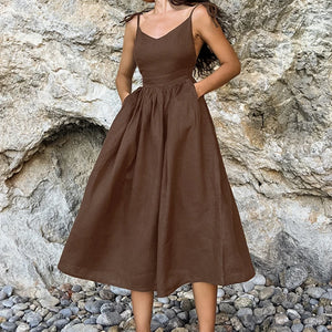 Bclout Fashion Brown Linen Long Dress Women 2024 Elegant Lace-Up Pockets A-Line Dresses Summer Sexy Backless Party Pleated Dress