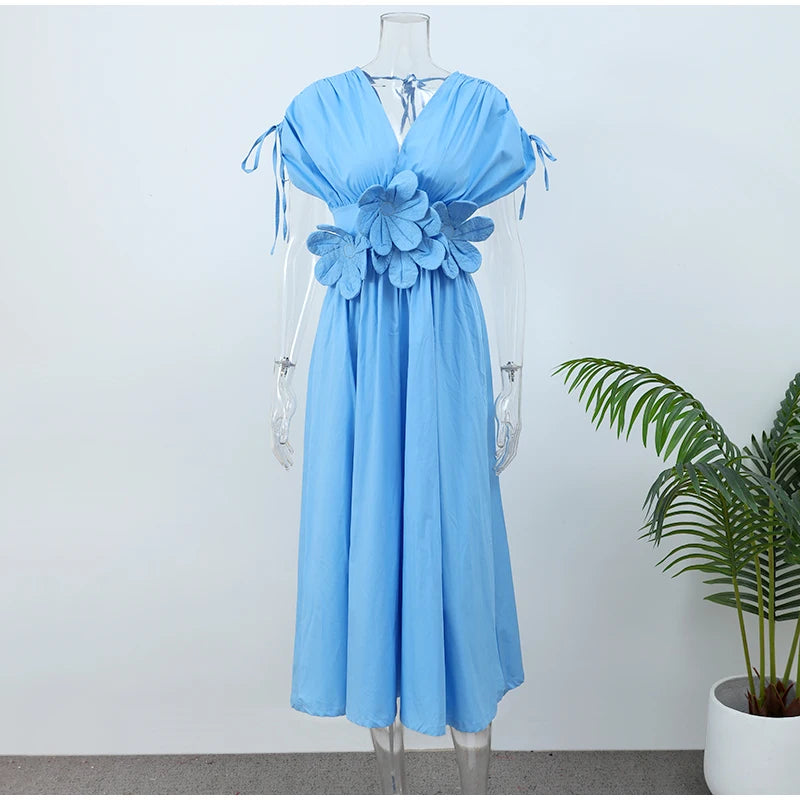 Summer Women 3d Flower Flods Dress Elegant Loose V Neck High Waist Pleated Vestidos Fashion Office Lady Party Date Robes 2024