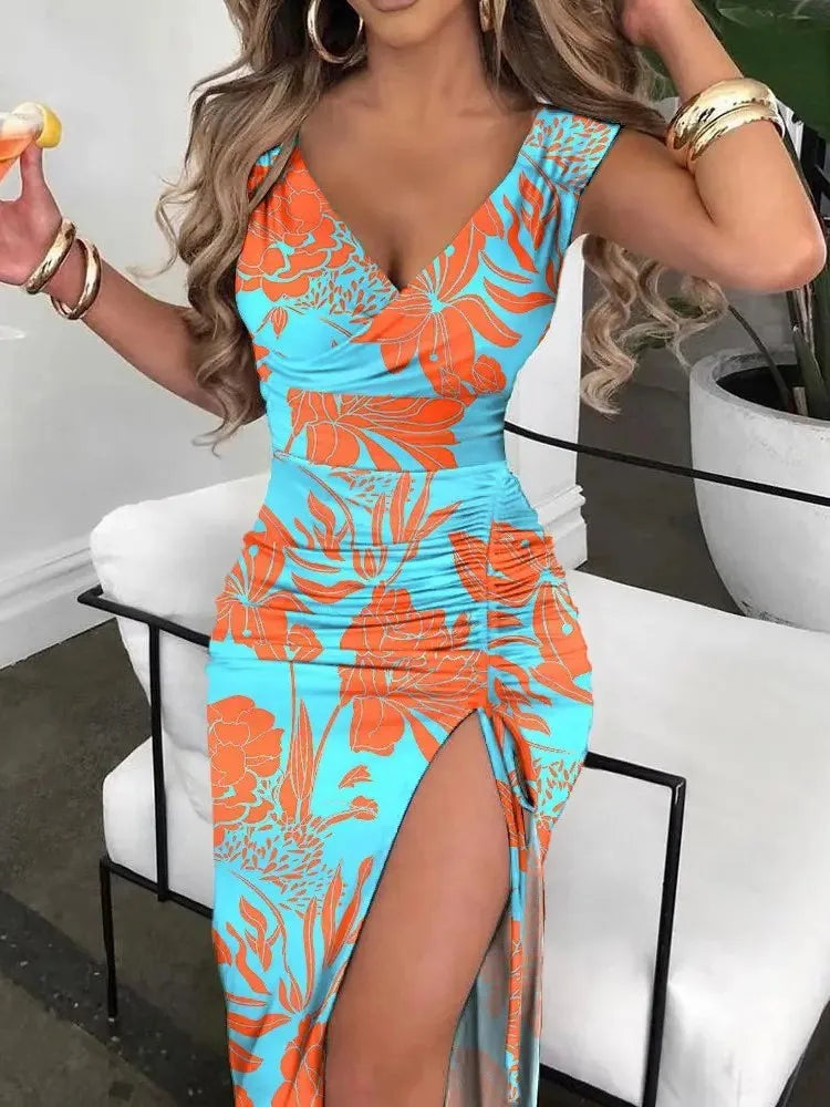 Summer Women Print Dress Fashion Casual Elegant V-neck Sleeveless Bodycon Beach Party Dresses Robe Femme 2024 New Vestidos