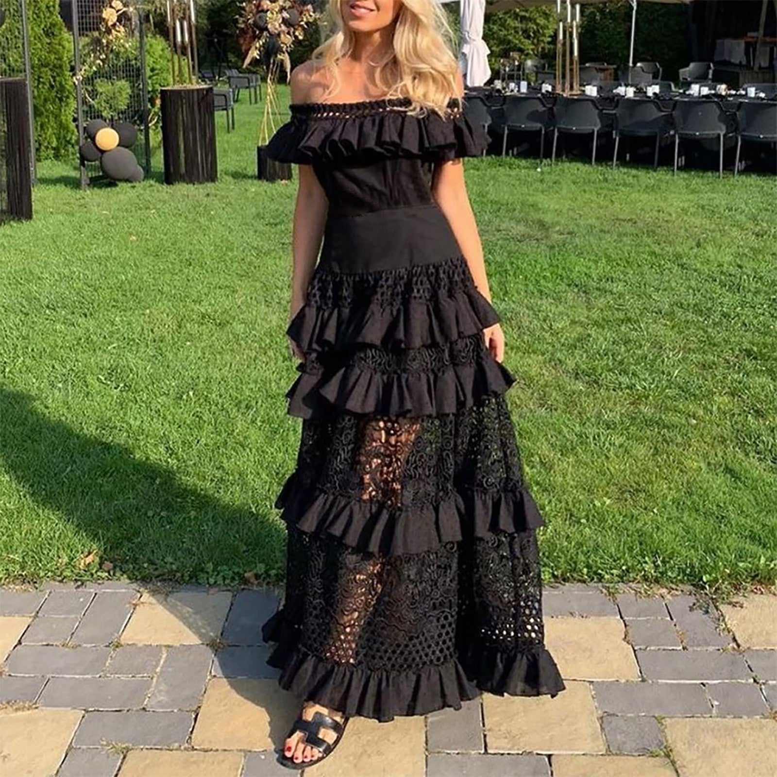 Elegant Off  Shoulder Solid Ruffle Long Evening Dress Summer Fashion Sleeveless Swing Dress Classic Lace Hollow Party Sexy Dress