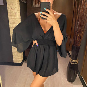 New Sexy V Neck Long Sleeve Backless Chiffon Tunic Beach Cover Up Beach Cover-ups Beach Dress Beach Wear Beachwear V3840