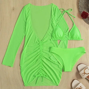 Long Sleeves Dress Bikini Set 2024 Women Neon Green Lace Up 3 Pieces Swimsuit Brazilian Bathing Suit Pleate Cover Up Swimwear