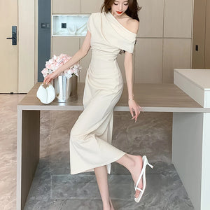 Elegant Off Shoulder Evening Party Dresses Women Summer Fashion Slim One Piece Solid Vestidos Korean Graduation Robe Clothing