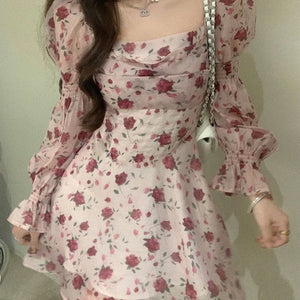 Dress Women Aesthetic Slim Floral A-line Spring Sweet Designed Vintage French Style Fashionable Gentle OL Leisure Holiday Temper