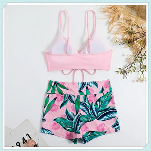 Tropical Print Drawstring Bikini Women High Waist Swimsuit Front Tie Shorts Swimwear Female Sexy Bathing Suit Beach Wear Summer