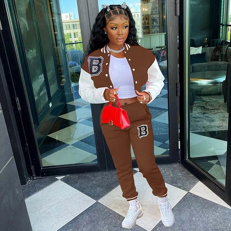 Patchwork Letter Printing Joggers Leisure Two-Piece Set Women's Sports Training Jogging Uniform Baseball Uniform Suit