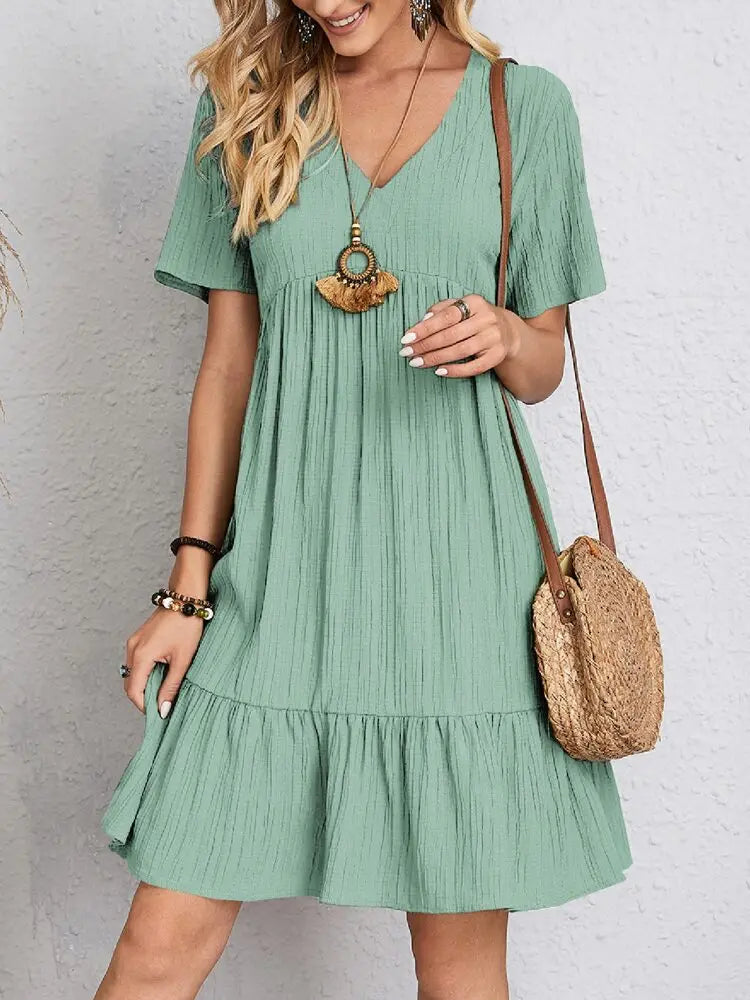 Vintage Solid Elegant Women Dress 2023 Summer Fashion Casual V-Neck High Waist A-Line Mini Dresses Lady Short Sleeve Party Dress