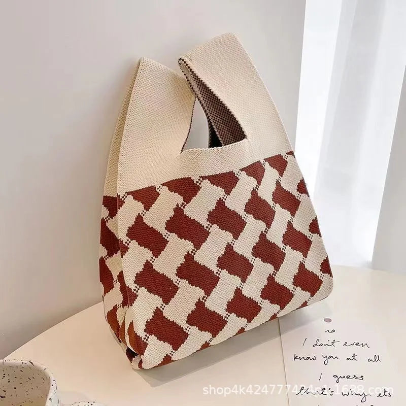 Women'S Knot Wrist Bag Tote Handmade Knitted Bag Portable Mini Striped  Bucket Phone Bags Large Capacity Autumn Winter Handbags