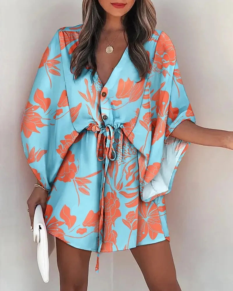 Summer Casual Dress Women Fashion Flying Sleeve V-neck Print Beach Party Dresses Elegant Lace Up Mini Dress Robe Femme 2023 New