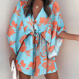 Summer Casual Dress Women Fashion Flying Sleeve V-neck Print Beach Party Dresses Elegant Lace Up Mini Dress Robe Femme 2023 New