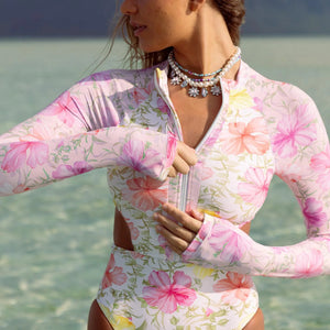 Print Floral One Piece Swimsuit Women Swimwear Monokini Long Sleeve Printed Female Bathing Suit Surfing Bodysuit Swim Wear Beach