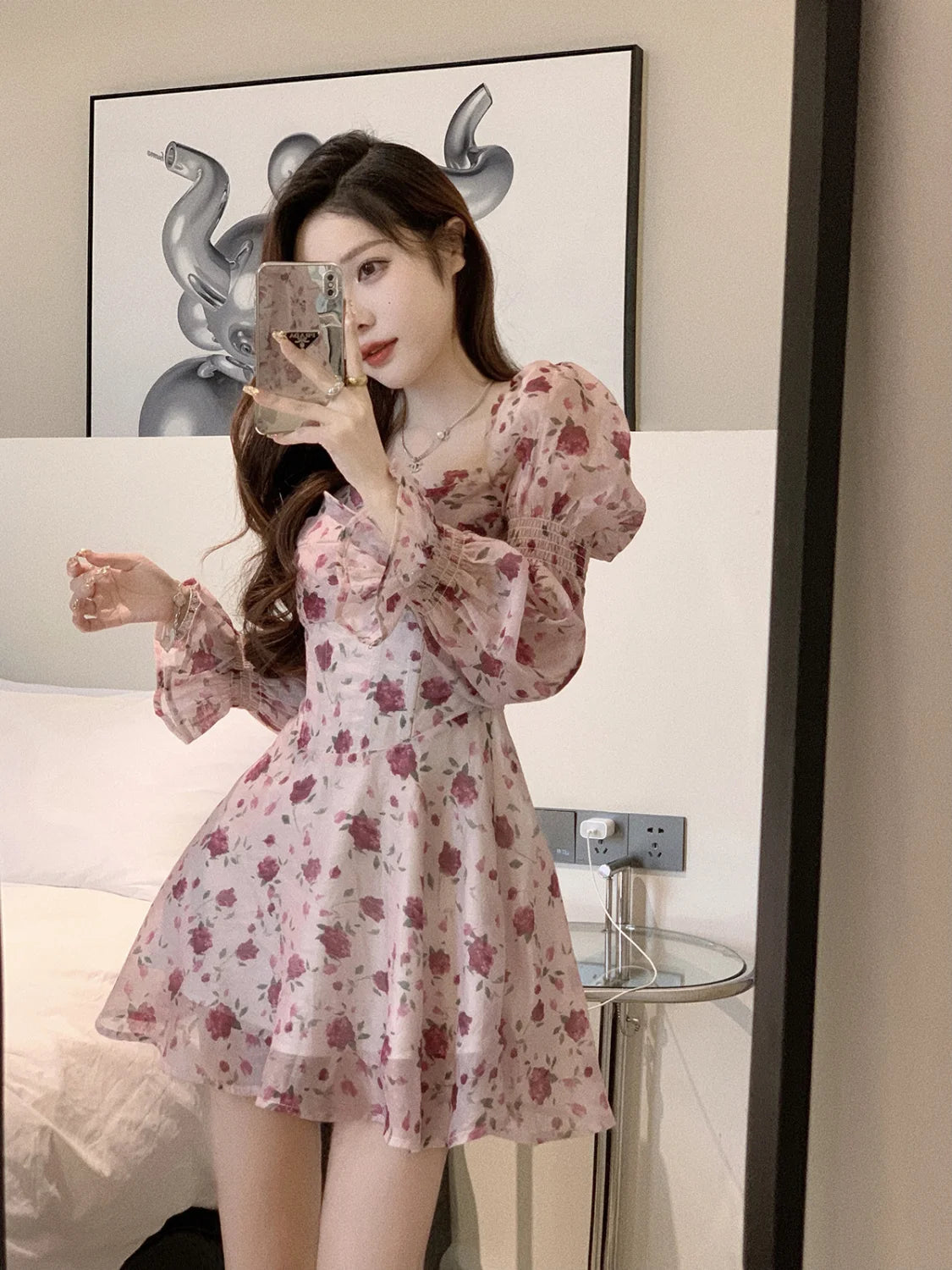 Dress Women Aesthetic Slim Floral A-line Spring Sweet Designed Vintage French Style Fashionable Gentle OL Leisure Holiday Temper