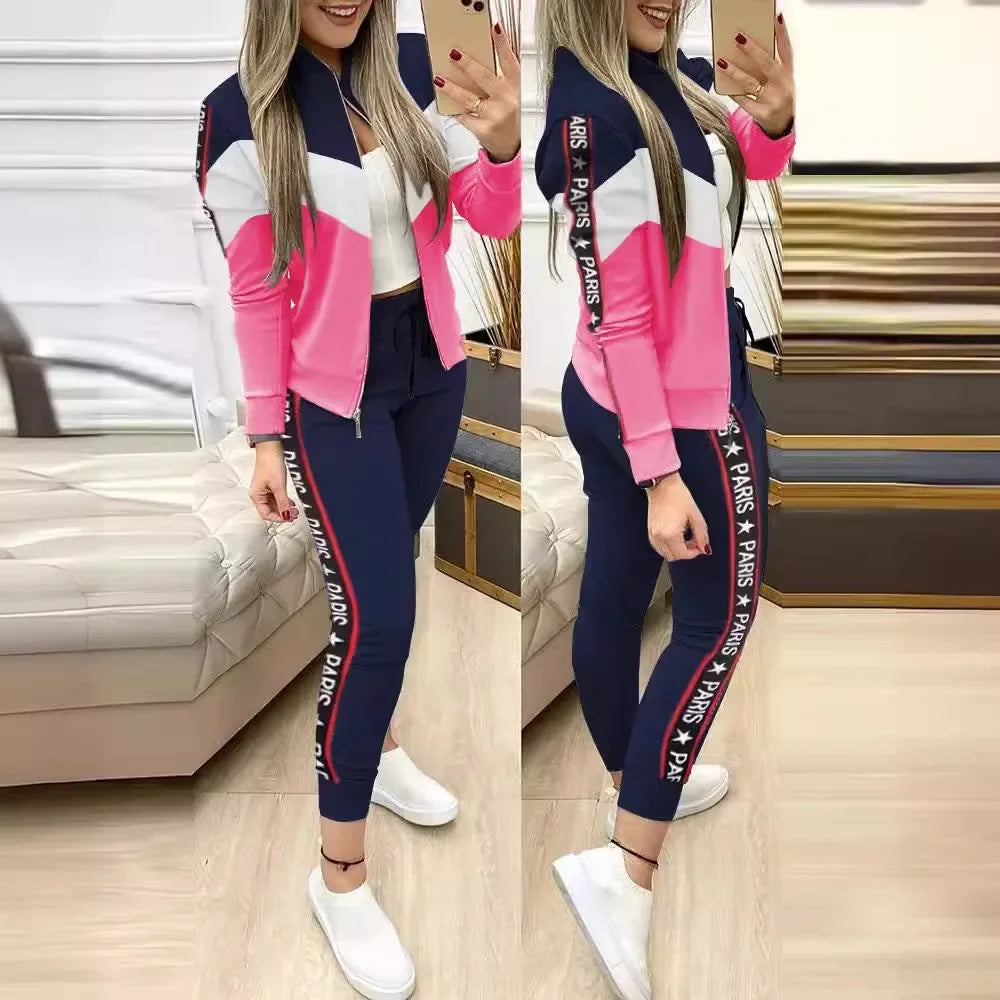 Plus Size 2023 European American Cross-border Fast Selling 2-piece Set Sports Casual Zipper Splicing Paris Letter Trousers Wo...