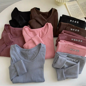 Fleece Long Johns Solid Thermal Underwear Sets Winter Women Clothes Warm Lingerie Long Sleeve Trousers 2 Pieces Thermal Pants