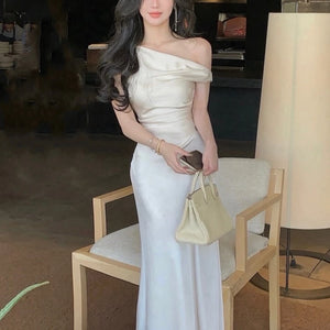 Women Elegant Solid Evening Party Dresses Summer Fashion Korean Graduation Formal Dress Off Shoulder Slim Vestidos Clothing