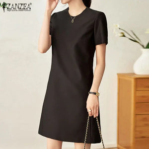 ZANZEA Summer Fashion OL Work Dress Woman Short Sleeve O-Neck Dresses Elegant Solid Knee Length Robe Casual Street Sundress 2023