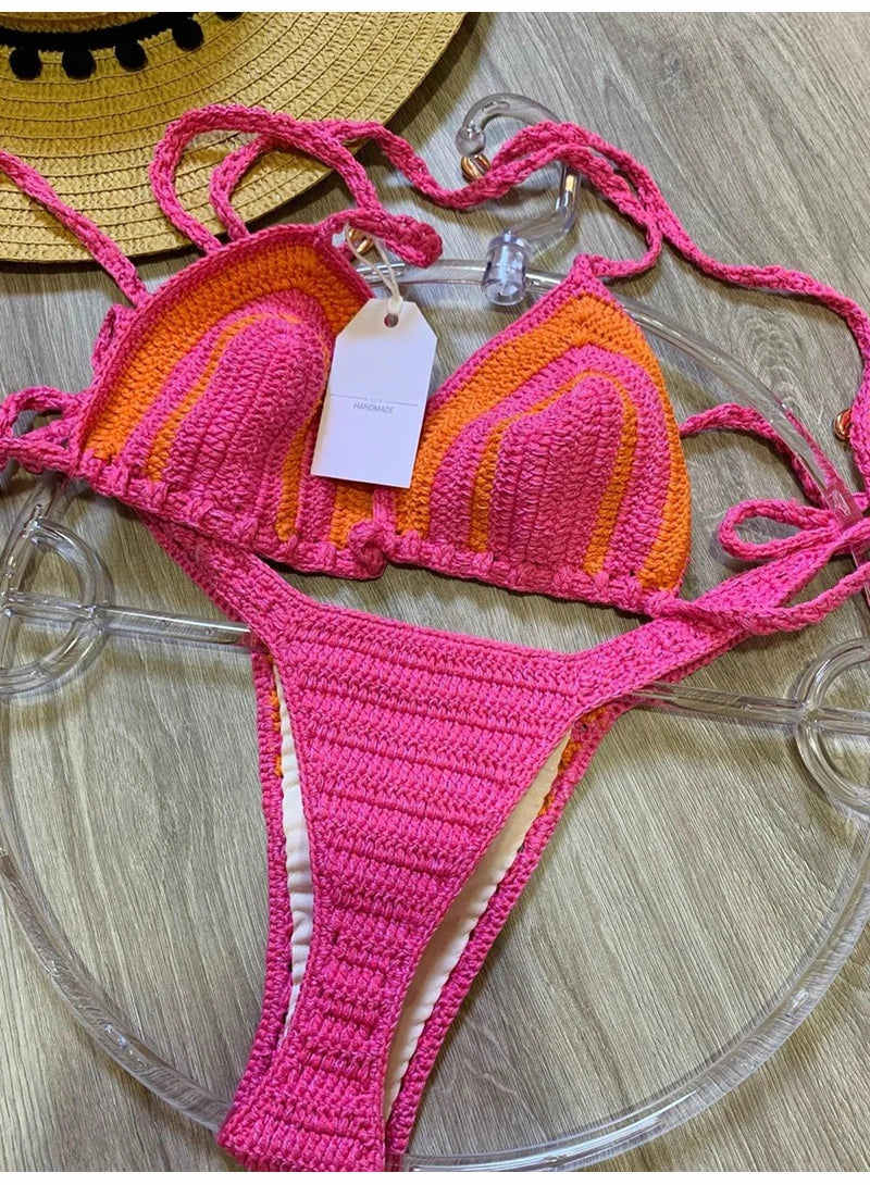 2024 Crochet Handmade Bikini Sets Sexy String Brazil Bathing Suit Swimsuit  Swimwear Boho Beachwear For Women Vacation Outfit