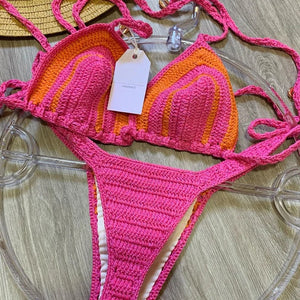 2024 Crochet Handmade Bikini Sets Sexy String Brazil Bathing Suit Swimsuit  Swimwear Boho Beachwear For Women Vacation Outfit