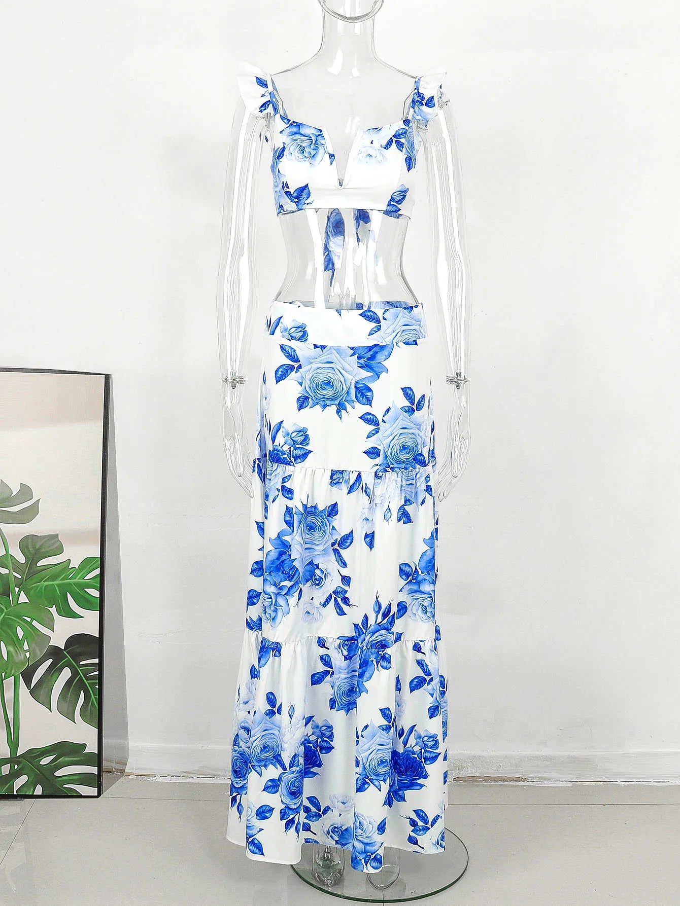 Dress Women Summer V Neck Spaghetti Strap Floral Sleeveless Casual Split Long Maxi Dress Halter Cover Up