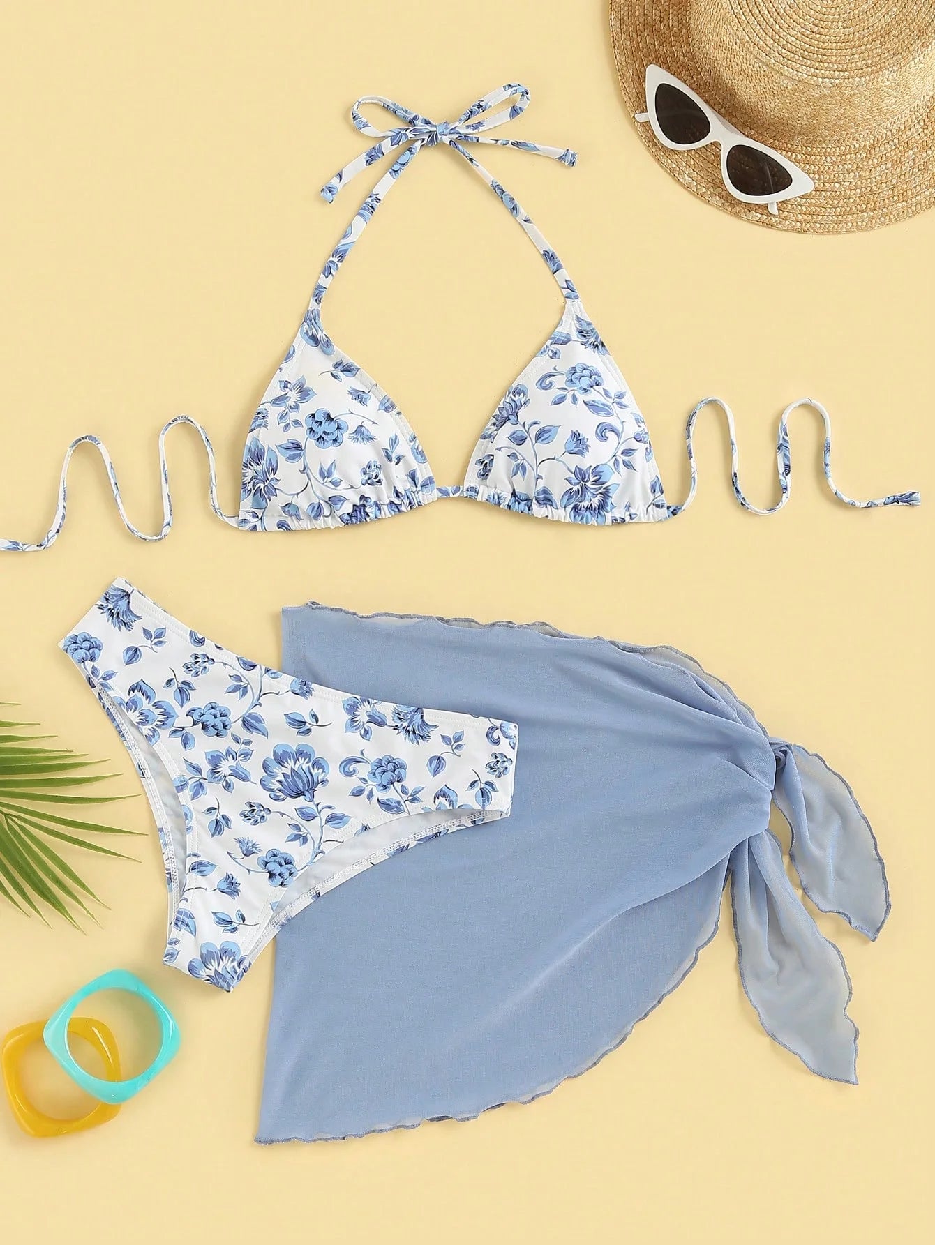 3 Piece Bikini Suit Print Flower Sexy Triangle Cup Hang Neck Swimwear Blue Female High Slit Skirt  Women Beach Suit