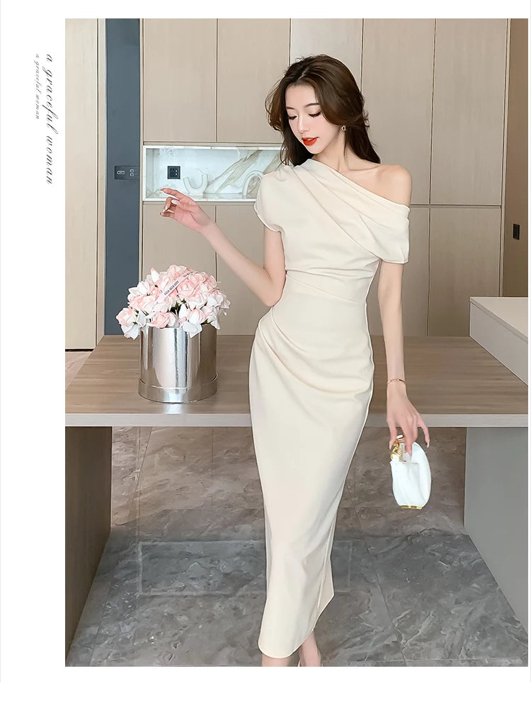 Elegant Off Shoulder Evening Party Dresses Women Summer Fashion Slim One Piece Solid Vestidos Korean Graduation Robe Clothing